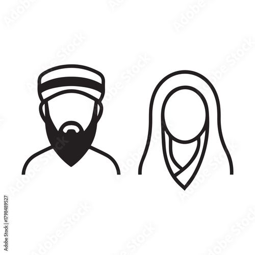 Islamic men and women icon character outline. Arabic vector design.