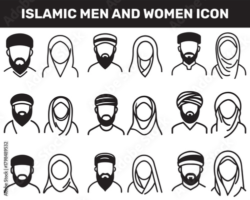 Islamic men and women icon character outline. Arabic vector design.