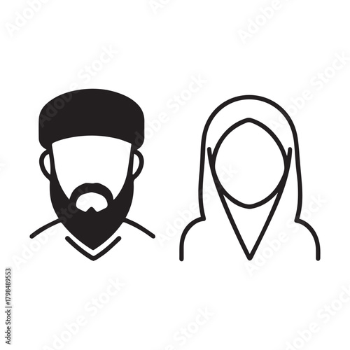 Islamic men and women icon character outline. Arabic vector design.