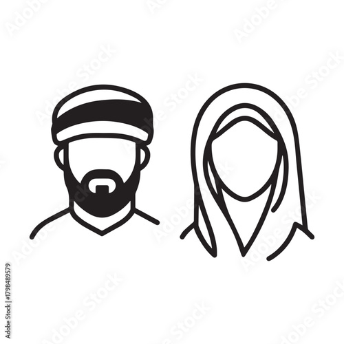 Islamic men and women icon character outline. Arabic vector design.