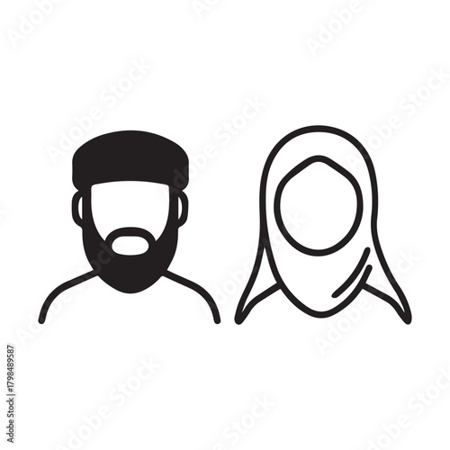 Islamic men and women icon character outline. Arabic vector design.