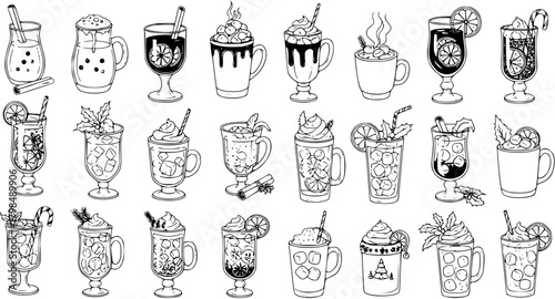 Hand-drawn winter holiday drinks and cocktails collection. Outline sketch set of festive hot beverages, iced drinks, and cocktails with mint, lemon, and candy canes.