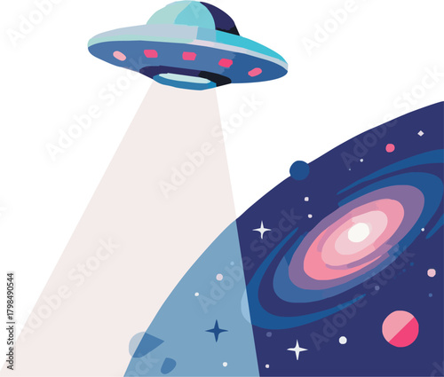 Whimsical flying saucer beams light down near a galaxy, perfect for children's books, science learning, or imaginative alien explorations