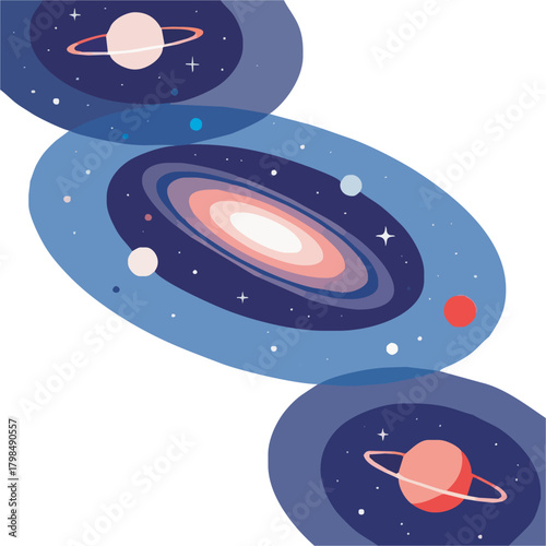 Dreamy cosmic galaxy illustration, planets aligning in colorful universe design, abstract stellar artwork, vibrant space exploration with star clusters