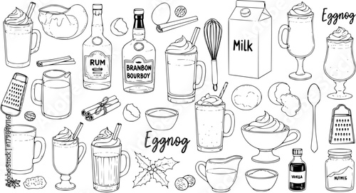 Hand-drawn Eggnog Recipe Elements Collection: Holiday Drink Ingredients, Bottles, Eggs, Milk  Kitchen Tools Line Art Sketch