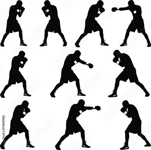 Boxer silhouette action poses, boxing training movements, fighter stance illustration set, martial arts combat vector artwork for sports design