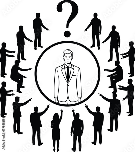 business pressure concept, accusation pointing, leadership doubt illustration, decision stress symbol, blame circle silhouette, questioning businessman vector