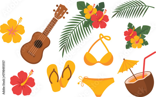 Tropical vacation elements, beach accessories illustration, summer holiday items, hibiscus flowers and leaves, coconut drink, bikini and flip-flops, white background