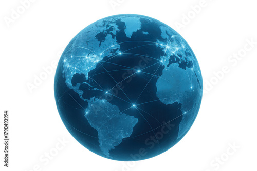 Blue globe showing a global network with glowing lines and points, representing worldwide communication, connectivity, and digital data exchange