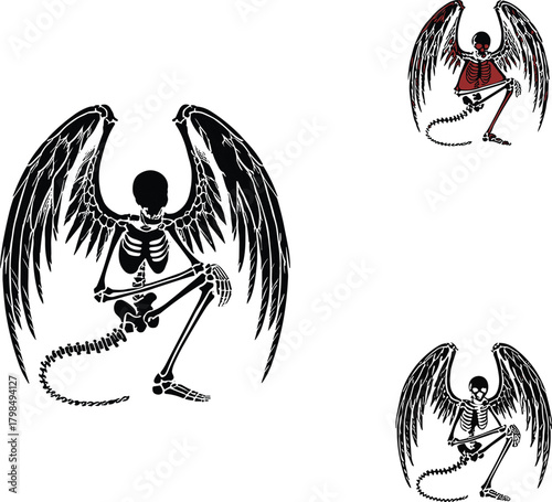 Winged skeleton illustration, fantasy undead creature, gothic bone art, mythical skeleton with wings, seated demon bones, dark anatomy concept, isolated design