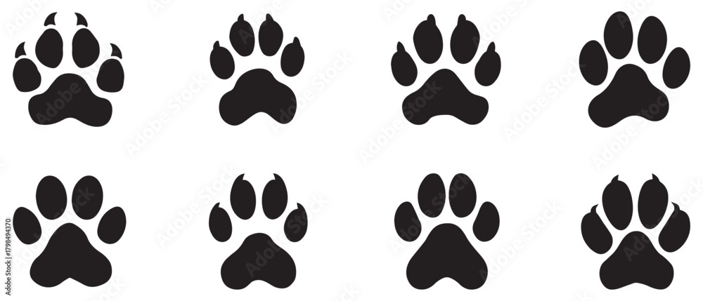 Fototapeta premium Animal paw prints black icon on a white background design.