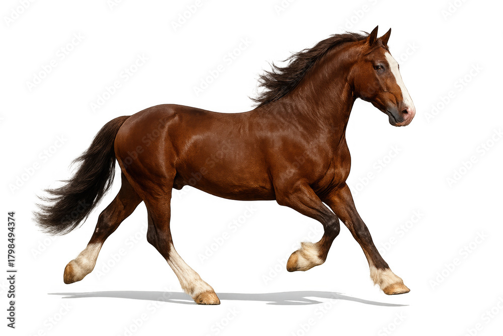 Naklejka premium Brown horse galloping, running with powerful stride, isolated on transparent background, showcasing speed and freedom