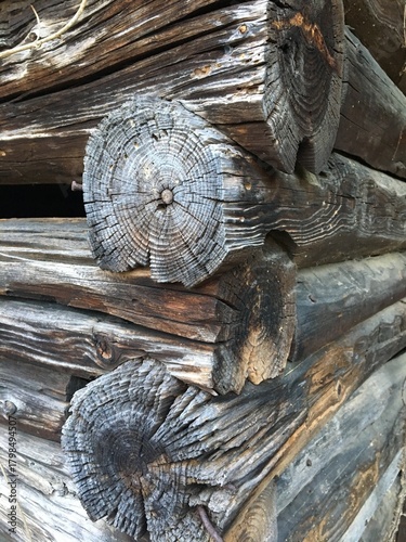 Hand-hewn logs on old Edwards tobacco barn in the Appalachian mountains in Madison County, NC