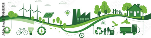 Sustainable community cartoon illustration, eco-friendly lifestyle concept, green energy and recycling visual, environmental harmony design, vector cityscape