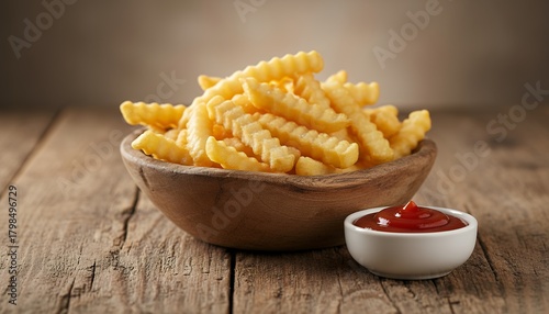 Delicious Crispy Crinkle Cut French Fries in a Bowl with Ketchup on a Rustic Wooden Table.