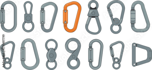 Carabiner silhouette set, snap hook vector collection, climbing gear design, locking mechanism styles, black and gray hardware illustration, secure connector pack