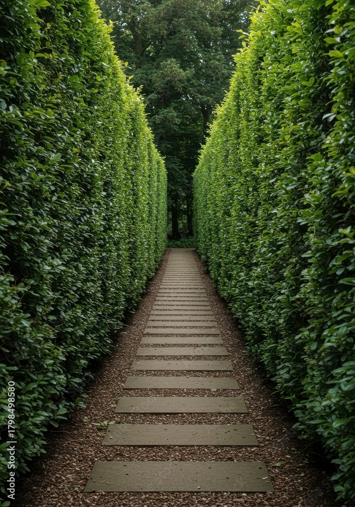 Obraz premium A peaceful pathway made of natural stones bordered by tall green manicured hedges on both sides leading into the distance ,corridor, tranquil, lush