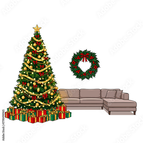 Wide Panoramic View of Sophisticated Modern Festive Living Room Interior, Illuminated Christmas Tree, and Gifts.