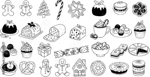 Hand-drawn set of Christmas and winter holiday sweets, desserts, and pastries. Festive collection of traditional treats like gingerbread figures, cakes, puddings, candy cane, and more.