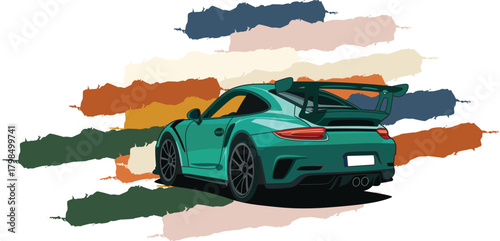 Green Sports Car Illustration – Modern Rear View Supercar Vector with Colorful Brush Stroke Background