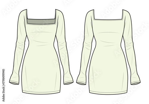 Square neck long sleeve top mockup template vector design technical illustration.