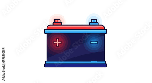 Colorful illustration of a battery with glowing terminals on a clean white background