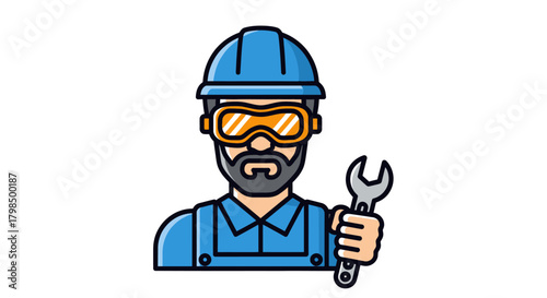 Cartoon Illustration of Construction Worker Holding Wrench With Safety Gear Equipment