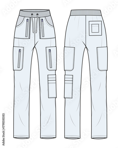 Men's scrubs trouser front and back view vector design mockup template technical flat drawing.