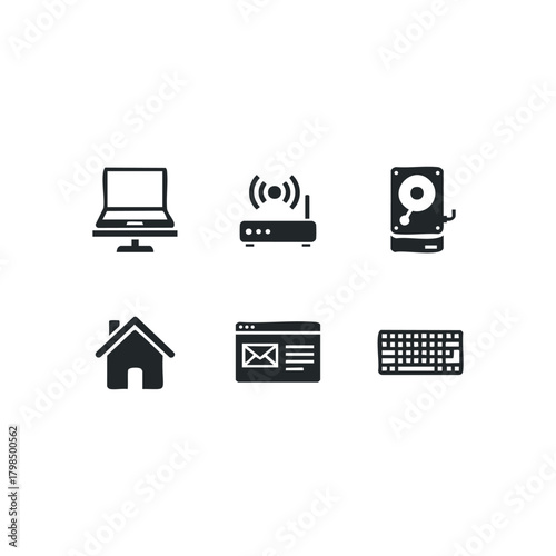 Set of Technology Icons Laptop Router Hard Drive House Web Mail Keyboard