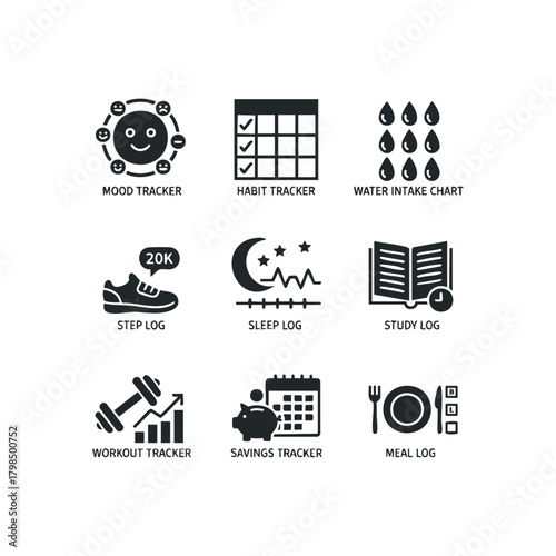 Collection of Icons for Daily Life Tracking and Goal Setting