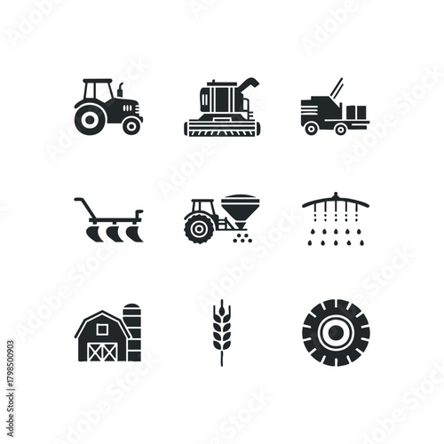 Set of agricultural icons for farming machinery and equipment