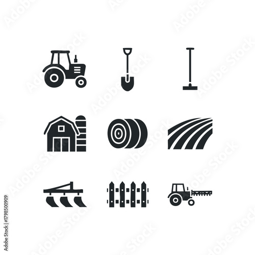 Collection of farm equipment and rural icons