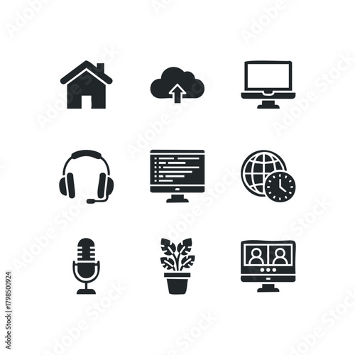 Collection of nine simple icons representing technology and home