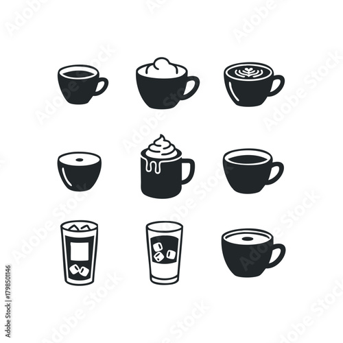 Collection of nine black icons representing different coffee and beverage cups