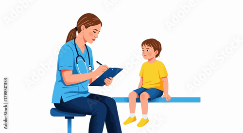 Pediatrician taking medical history of a child during a regular consultation at the clinic or