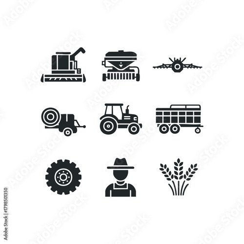 Collection of agricultural equipment and worker icons