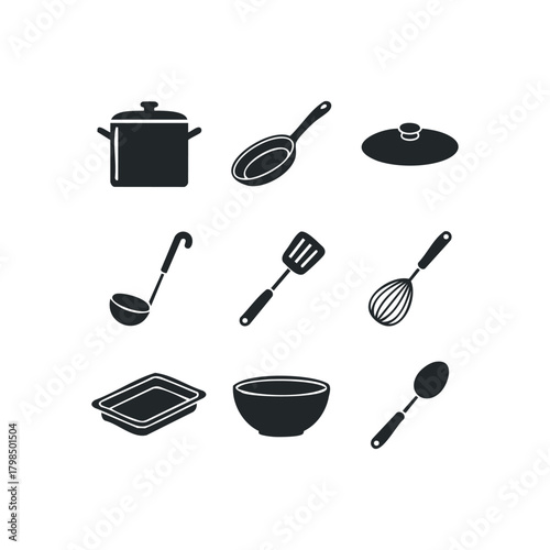 Collection of basic kitchen utensils and cookware icons