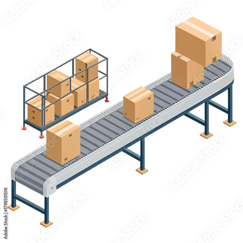 Seamless product delivery system featuring boxes moving on a modern conveyor belt in a logistics warehouse setting