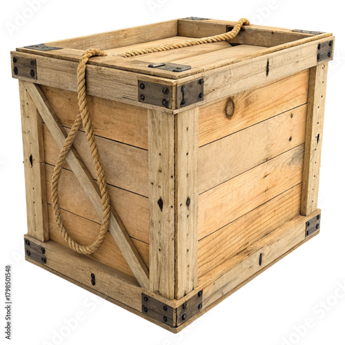 Rustic wooden shipping crate with sturdy rope handle and reinforced metal corners, perfect for cargo and storage concepts.