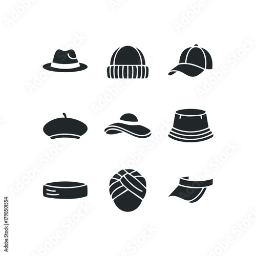 Collection of nine headwear icons silhouette