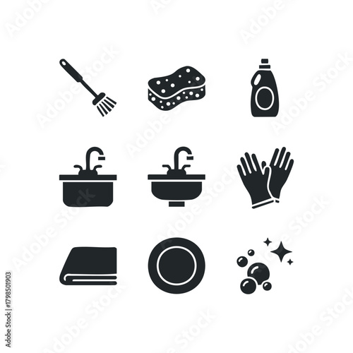 Household cleaning icons set for kitchen and bathroom chores