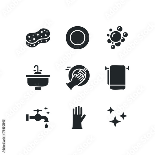 Household cleaning icons set for kitchen hygiene