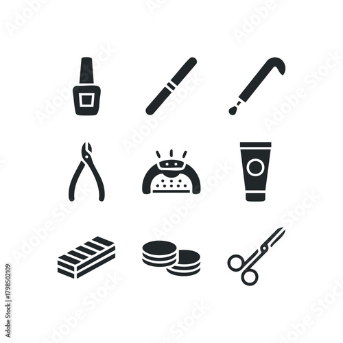 Manicure tool icons including nail polish, file, pusher, clippers, lamp, cream, buffer, and scissors