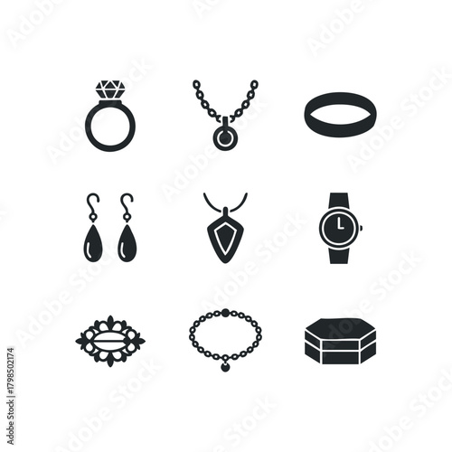 Collection of nine black jewelry icons