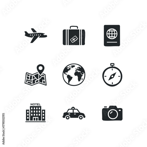Travel icons airplane passport globe suitcase map compass hotel taxi camera
