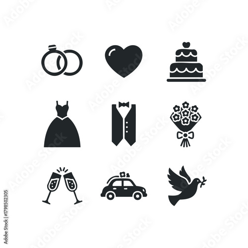 Wedding celebration icons arranged in grid