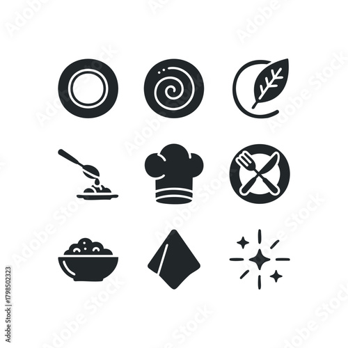 Set of nine black icons for food and dining