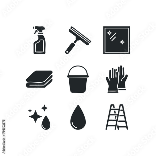 Cleaning tools icons spray bottle squeegee bucket cloth gloves ladder drop
