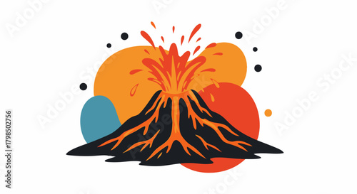 Stylized depiction of an erupting volcano with lava and abstract shapes art design