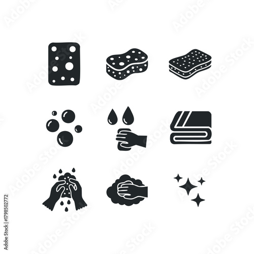 Cleaning hygiene icons collection with bubbles and sponge